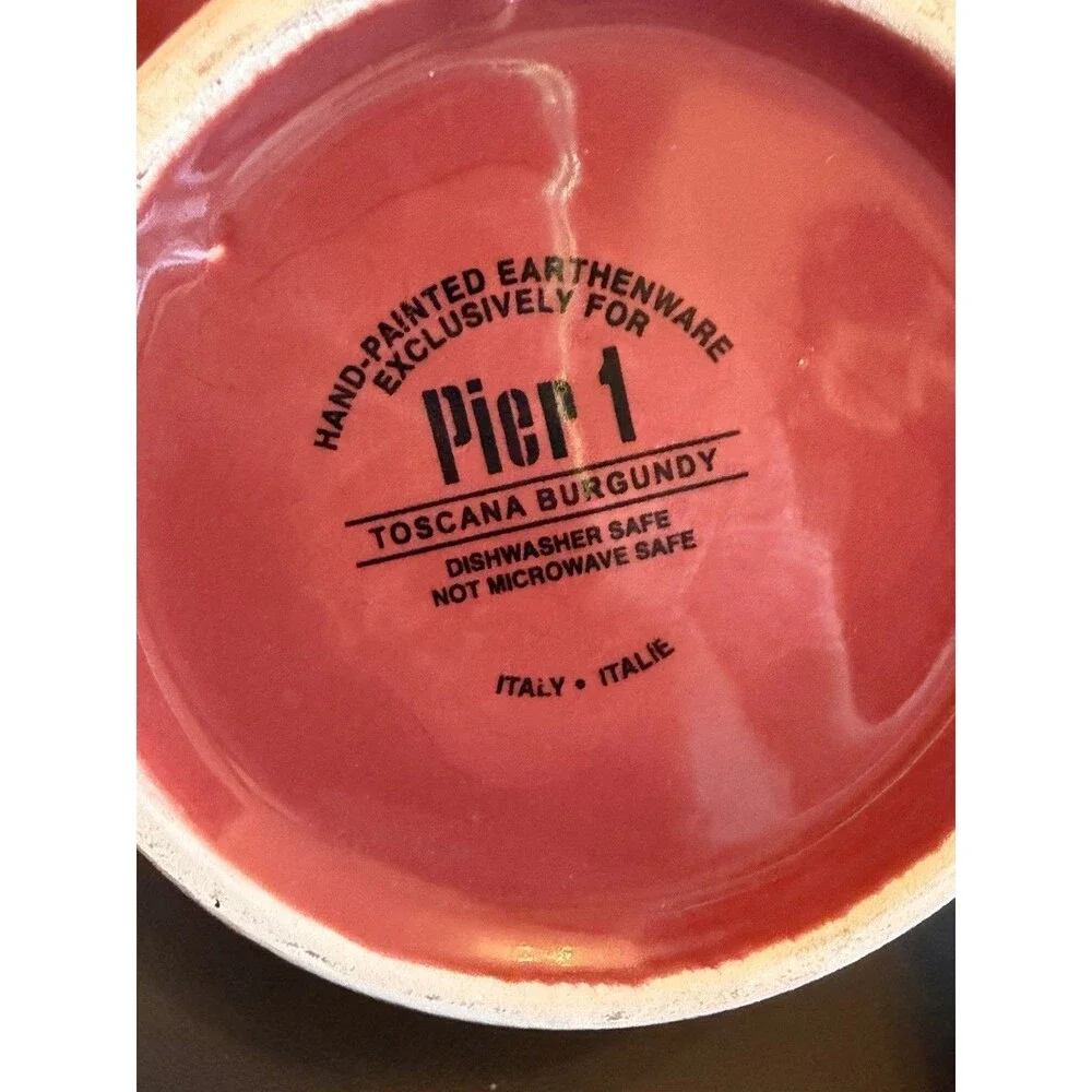 Pier 1 Toscana Hand Painted Earthenware Burgundy Oversized Mug Soup Set 2 RARE